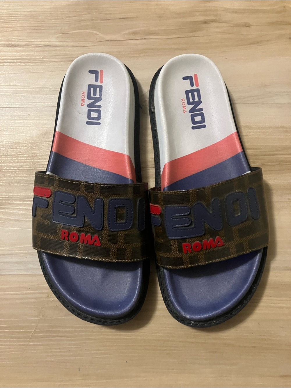 Fendi Brown Monogram Slides with Navy Footbed and Red Accents